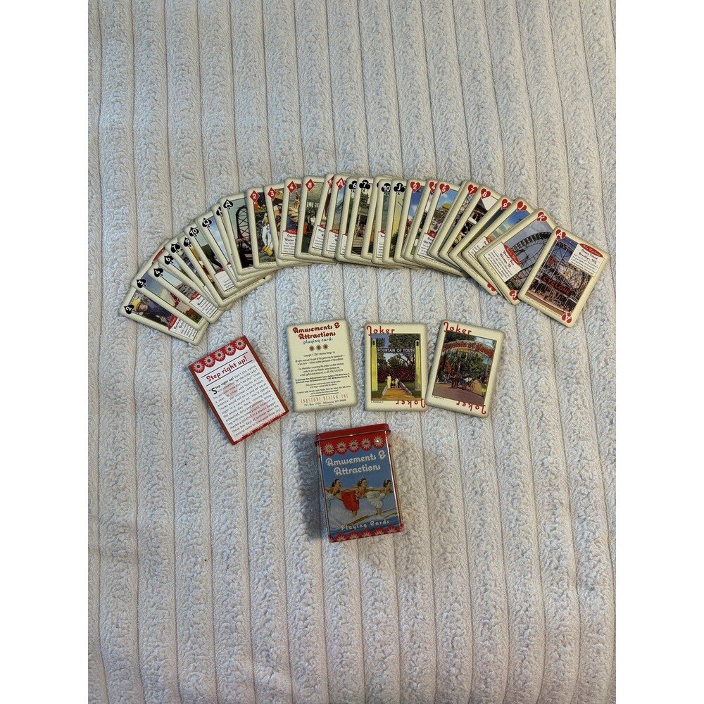 Amusements & Attractions Playing Cards in Collectible Tin Gold Edge EUC